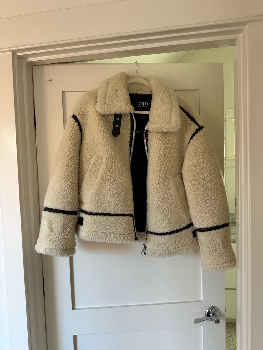 Zara Cream Teddy Sherpa Jacket with Black Contrast Trim